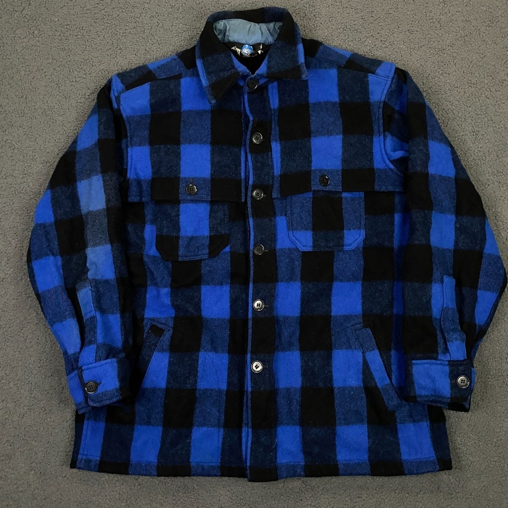 VTG SwanDri Shirt Jacket Mens size XL Blue Black Check Wool Mackinaw Lumberjack
